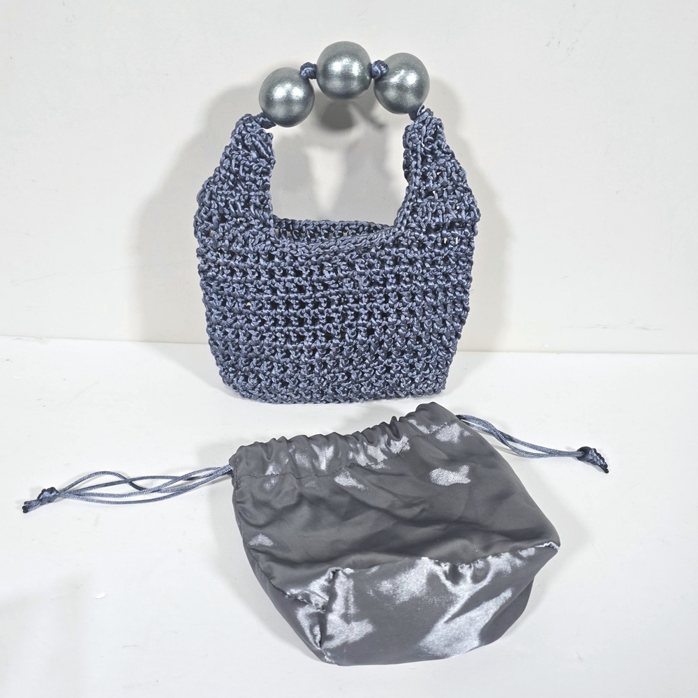 Arte & Tejido Mini Tote Metallic Blue Crochet Bead Handle Handbag Boho Vacation